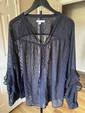 Chico's Navy Sheer Dot-Textured Button Front Blouse